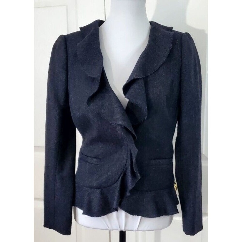 J. Crew Womens Blue Wool Blazer Coat Ruffle Collar and Hem Size 0 Jacket EUC